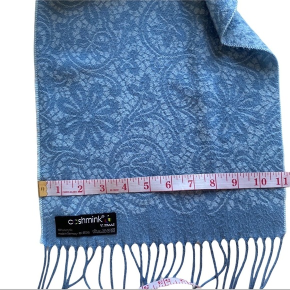 Cashmink V. Fraas Powder Blue Floral Print Scarf Wrap Blue Frilly Fringe 65x11 - Picture 4 of 5